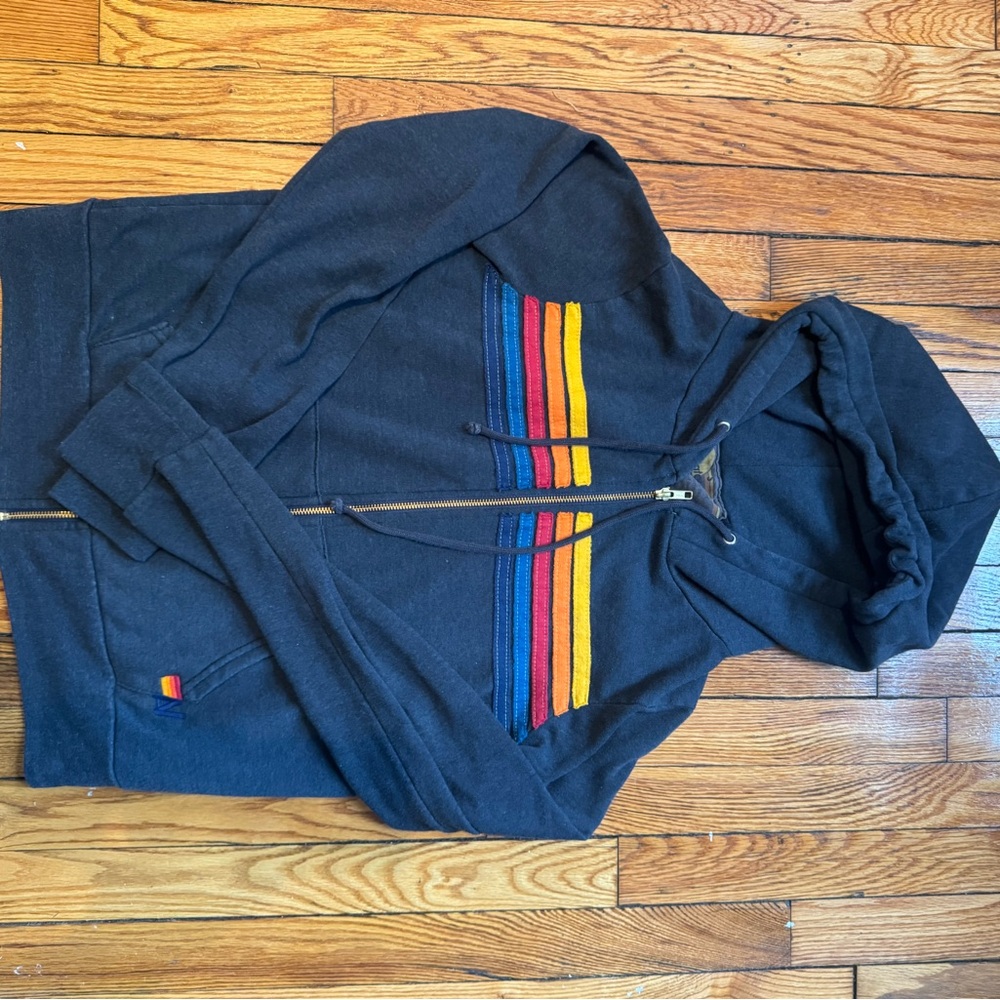 Aviator Nation Charcoal Hoodie with Colorful Stripes